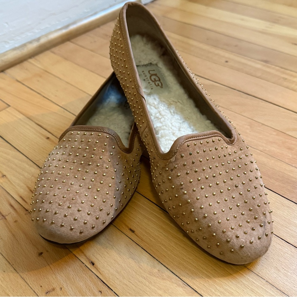 UGG Ansley Studded Suede Shearling Lined Slipper Flats – Chestnut – Women’s 7